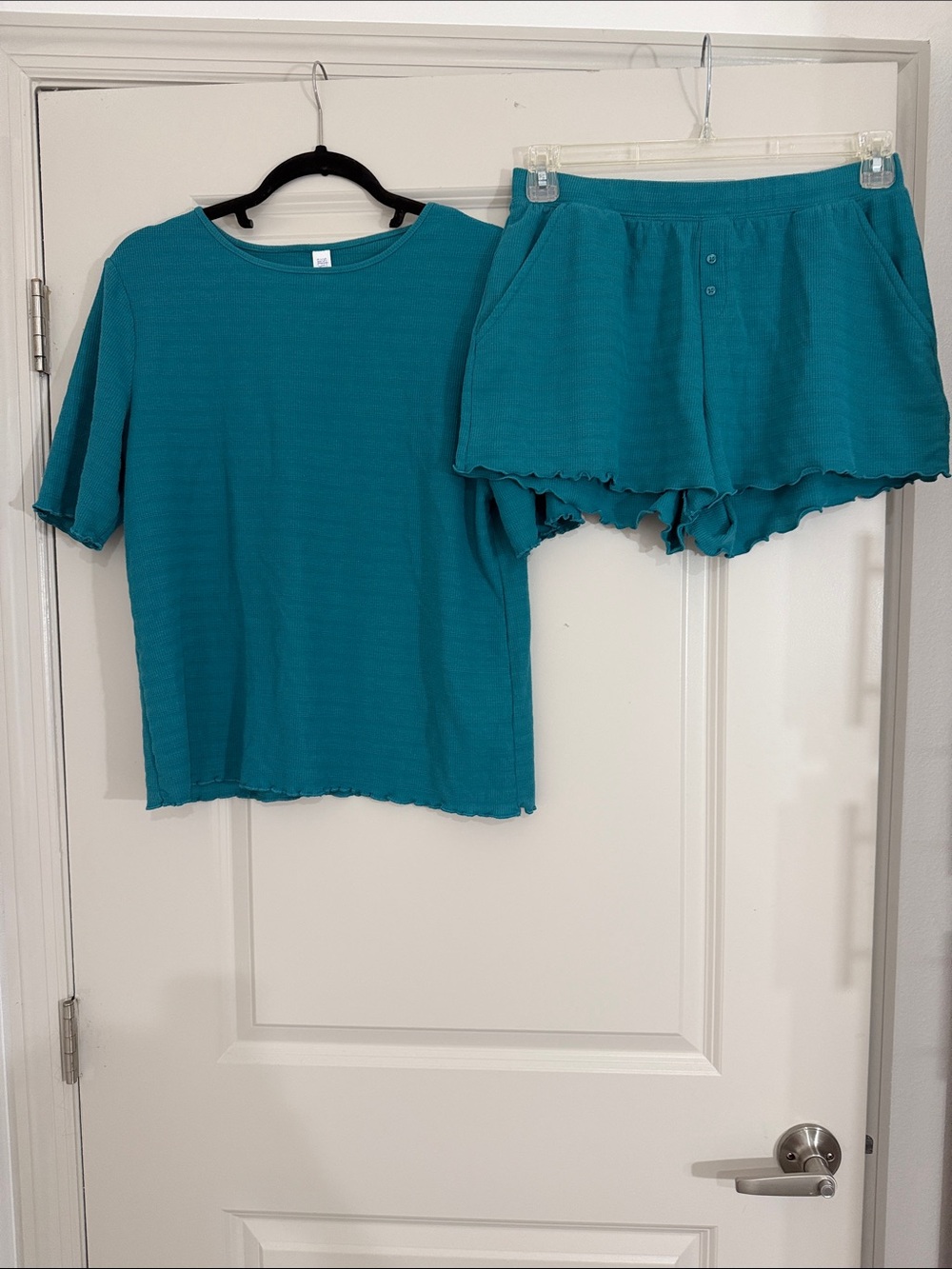 stars above Teal Lounge Top and Ruffle Hem Shorts Set
